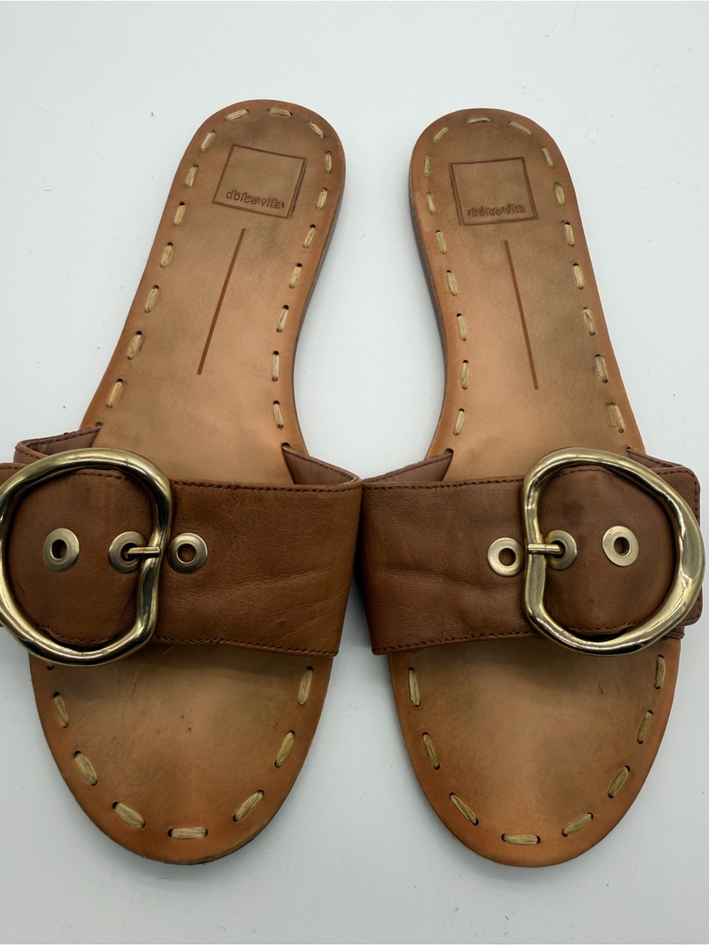 Dolce Vita Tan Leather Slide Sandals with Gold Buckle